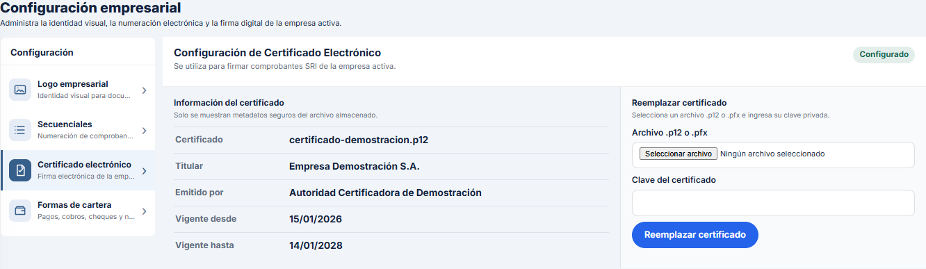 Pantalla ficticia de Certificado electrónico en Contalbi con metadatos seguros, vigencia y formulario para reemplazar el archivo.